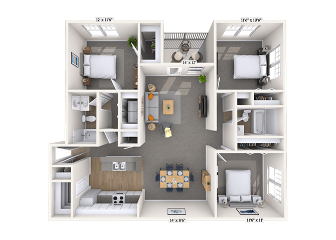 Floor plan for 3 beds, 2 baths, 1226 sqft