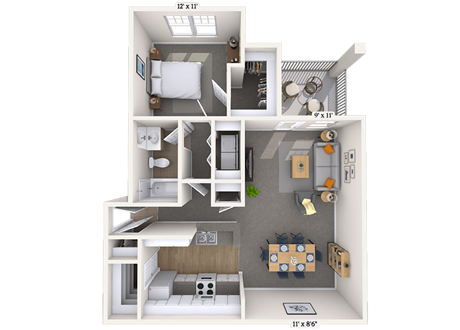 Floor plan for 1 bed, 1 bath, 719 sqft