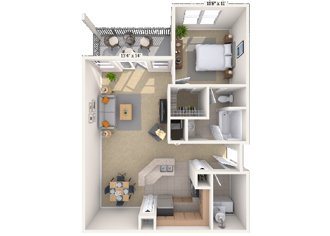 Floor plan for 1 bed, 1 bath, 783 sqft