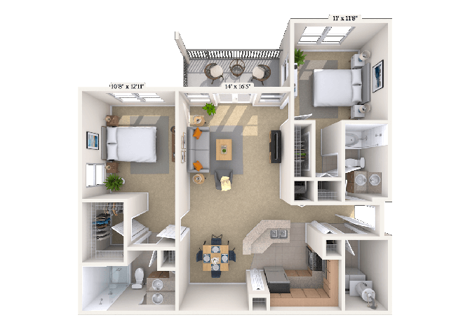 Floor plan for 2 beds, 2 baths, 1091 sqft