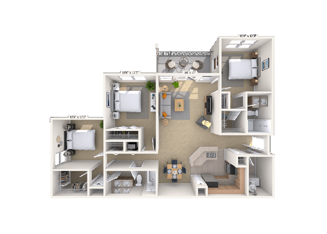 Floor plan for 3 beds, 2 baths, 1287 sqft