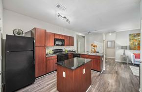 Hendersonville apartment for rent - the preserve at ballantyne commons apartment kitchen with black appliances and wood cabinets
