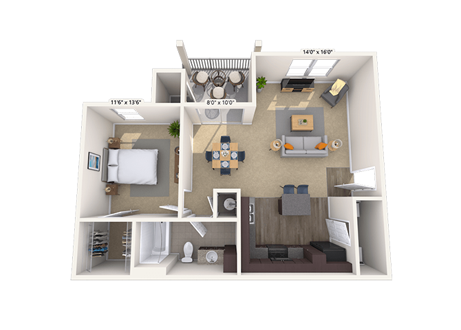 Floor plan for 1 bed, 1 bath, 750 sqft