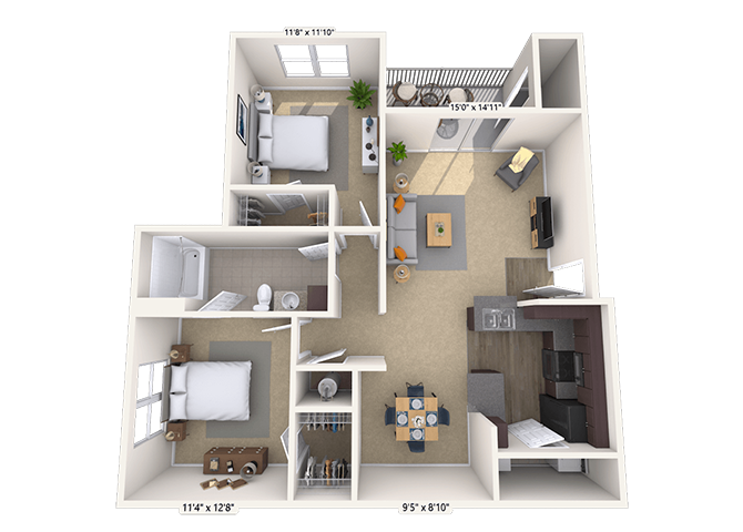 Floor plan for 2 beds, 1 bath, 953 sqft