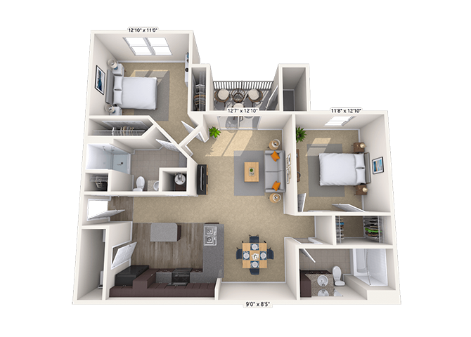 Floor plan for 2 beds, 2 baths, 996 sqft