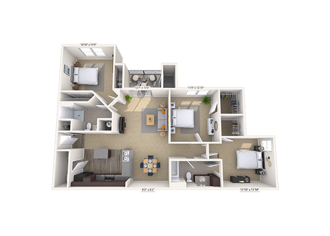 Floor plan for 3 beds, 2 baths, 1196 sqft