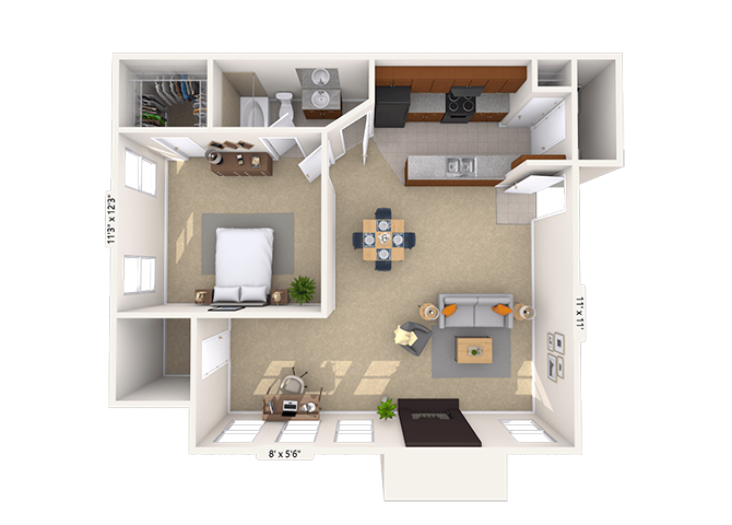 Floor plan for 1 bed, 1 bath, 628 sqft