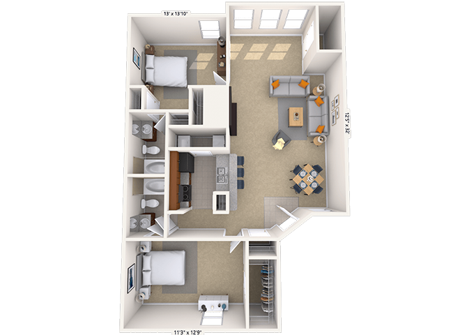 Floor plan for 2 beds, 2 baths, 1067 sqft