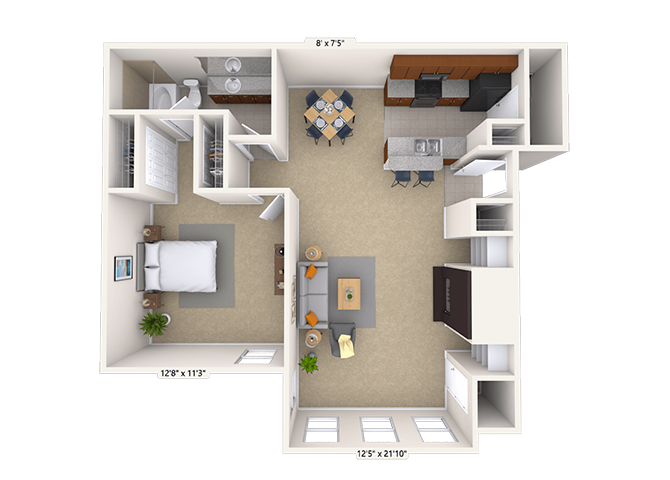 Floor plan for 1 bed, 1 bath, 800 sqft