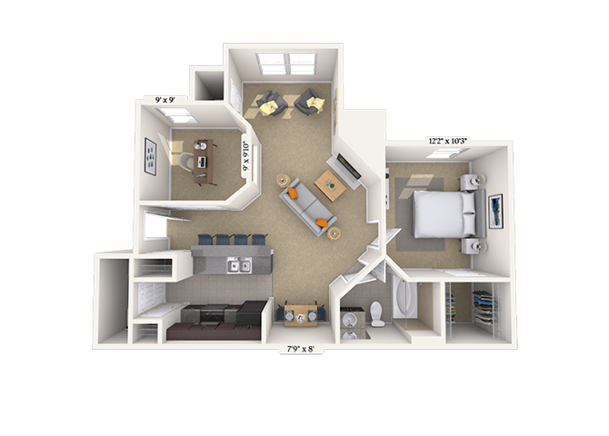 Floor plan for 1 bed, 1 bath, 780 sqft
