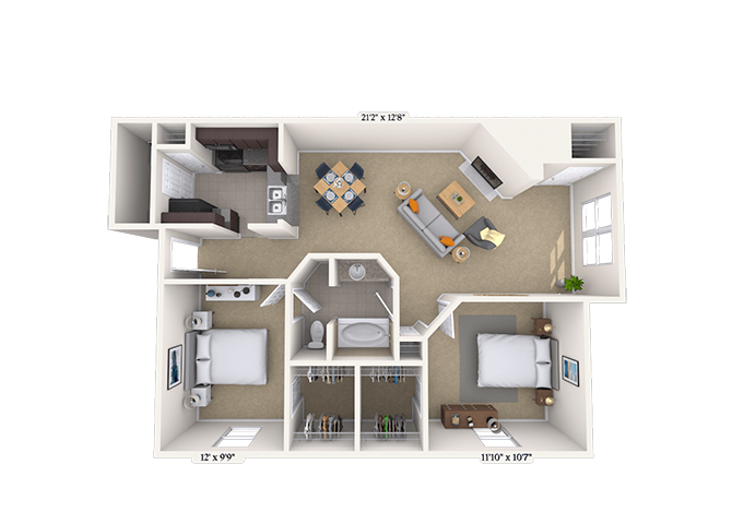 Floor plan for 2 beds, 1 bath, 828 sqft