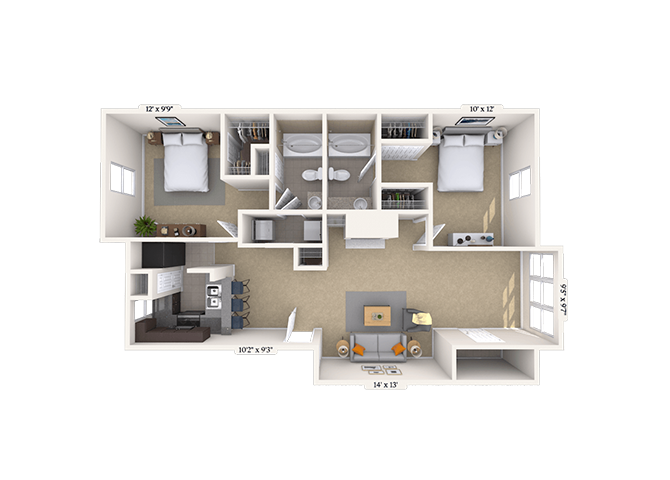 Floor plan for 2 beds, 2 baths, 1004 sqft