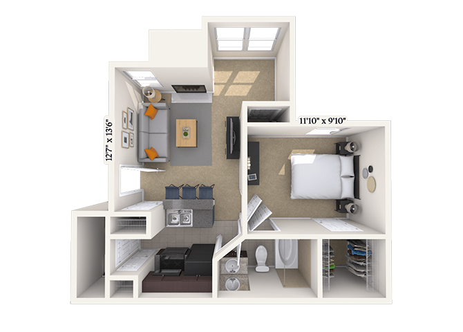 Floor plan for 1 bed, 1 bath, 578 sqft