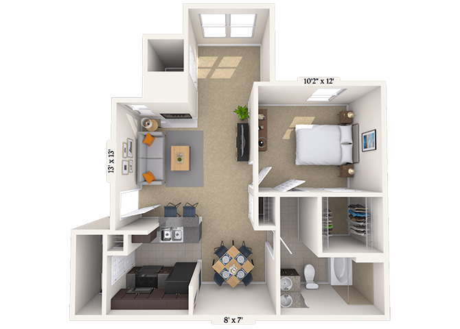 Floor plan for 1 bed, 1 bath, 678 sqft