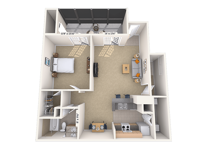 Floor plan for 1 bed, 1 bath, 812 sqft