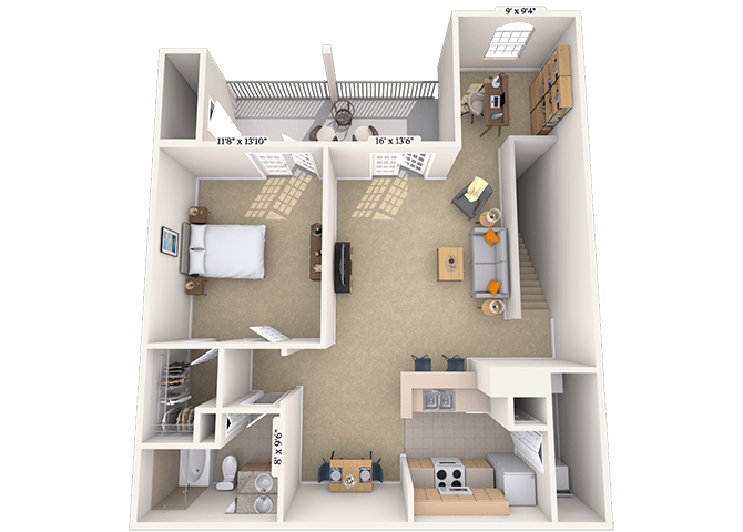 Floor plan for 1 bed, 1 bath, 957 sqft