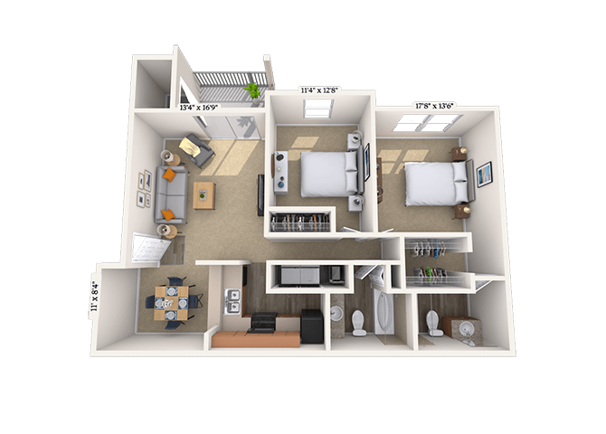 Floor plan for 2 beds, 2 baths, 1086 sqft