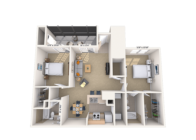 Floor plan for 2 beds, 2 baths, 1122 sqft