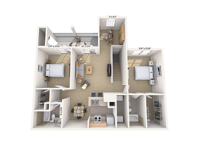 Floor plan for 2 beds, 2 baths, 1216 sqft