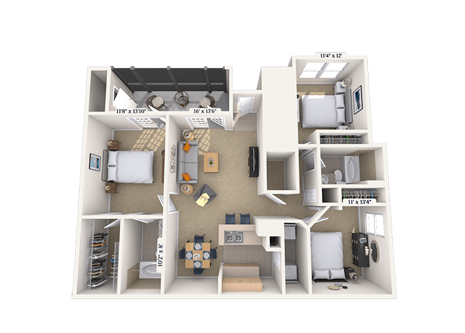 Floor plan for 3 beds, 2 baths, 1275 sqft