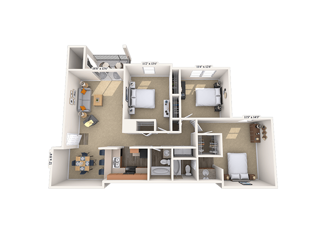 Floor plan for 3 beds, 2 baths, 1340 sqft