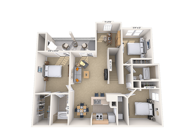 Floor plan for 3 beds, 2 baths, 1443 sqft