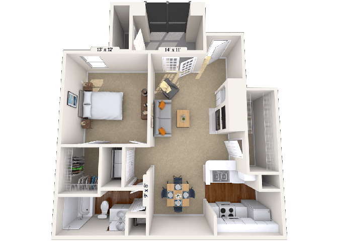 Floor plan for 1 bed, 1 bath, 790 sqft