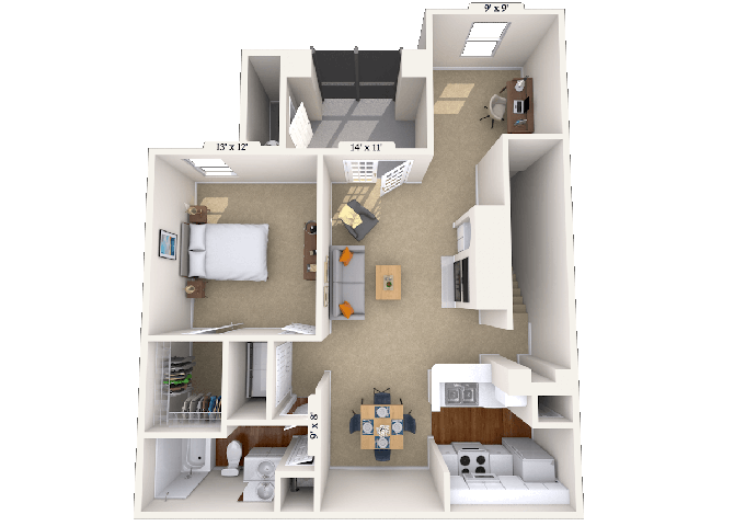 Floor plan for 1 bed, 1 bath, 923 sqft