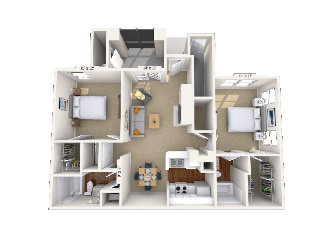 Floor plan for 2 beds, 2 baths, 1049 sqft