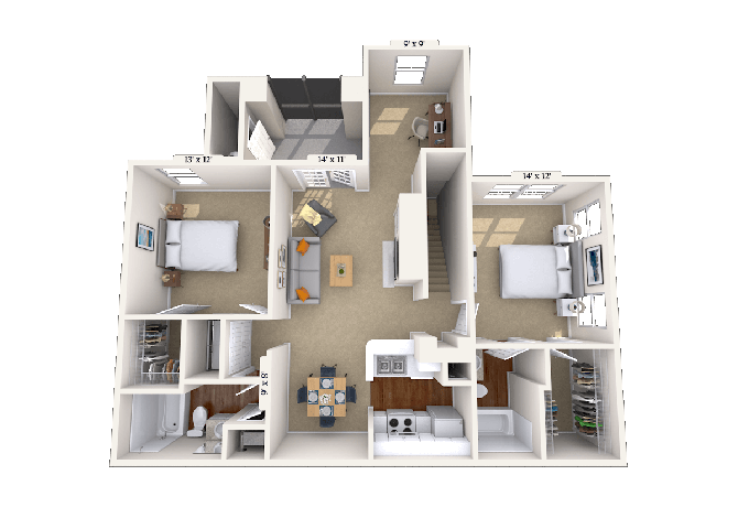 Floor plan for 2 beds, 2 baths, 1222 sqft