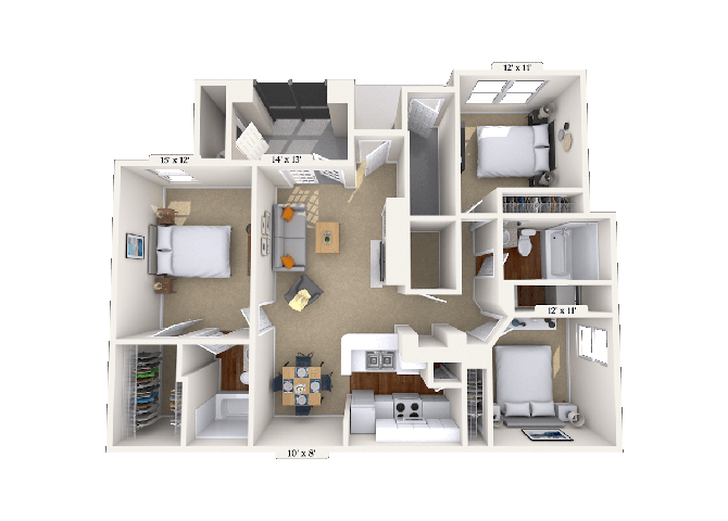 Floor plan for 3 beds, 2 baths, 1249 sqft