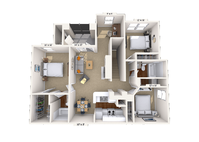 Floor plan for 3 beds, 2 baths, 1377 sqft