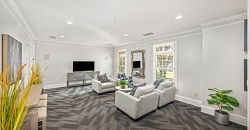 Smyrna apartment for rent - A living room with a grey carpet and white furniture.