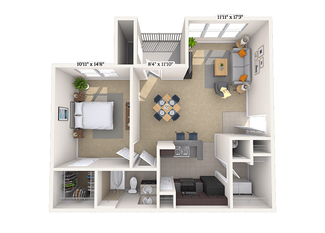 Floor plan for 1 bed, 1 bath, 843 sqft