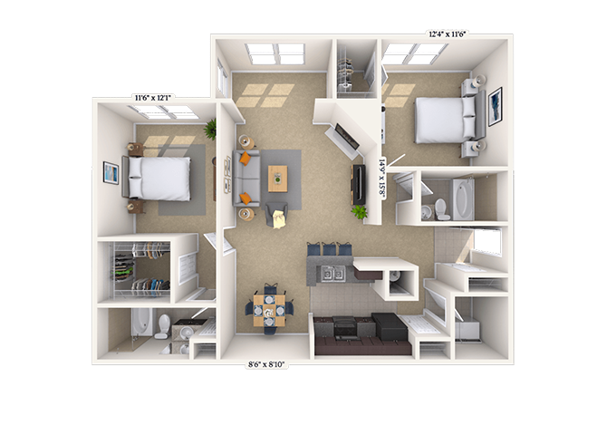 Floor plan for 2 beds, 2 baths, 1173 sqft