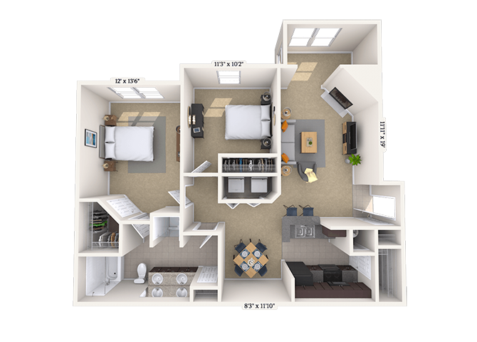 Floor plan for 2 beds, 1 bath, 1108 sqft