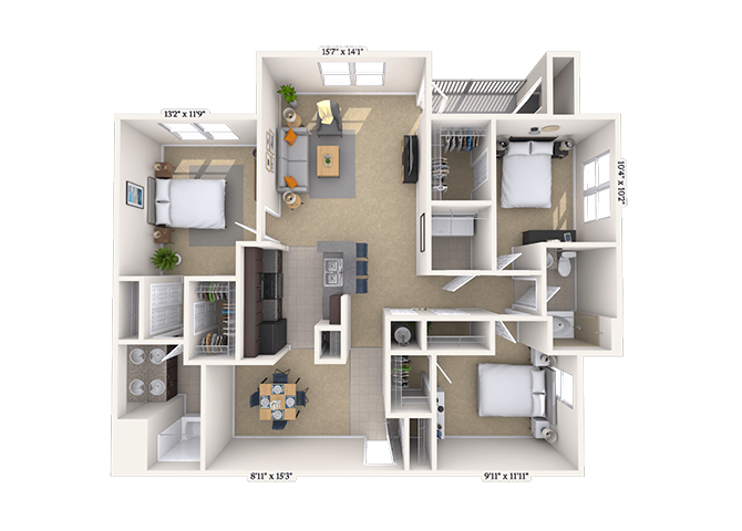Floor plan for 3 beds, 2 baths, 1386 sqft