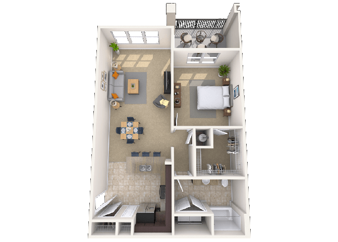 Floor plan for 1 bed, 1 bath, 899 sqft