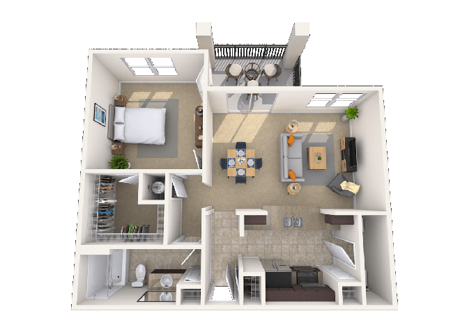 Floor plan for 1 bed, 1 bath, 907 sqft