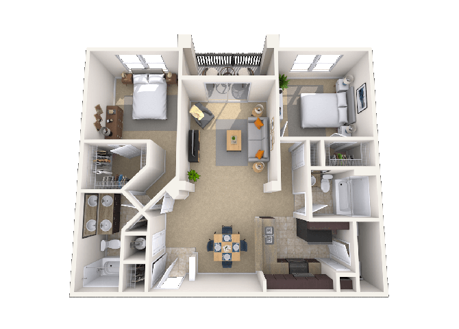 Floor plan for 2 beds, 2 baths, 1182 sqft