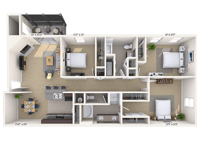 Floor plan for 3 beds, 2 baths, 1438 sqft