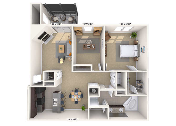 Floor plan for 1 bed, 1 bath, 1257 sqft