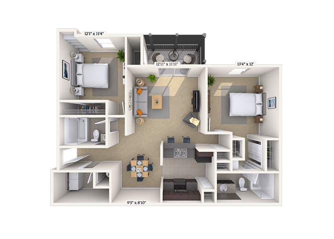 Floor plan for 2 beds, 2 baths, 1110 sqft