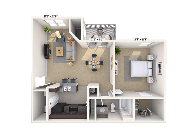 Floor plan for 1 bed, 1 bath, 820 sqft