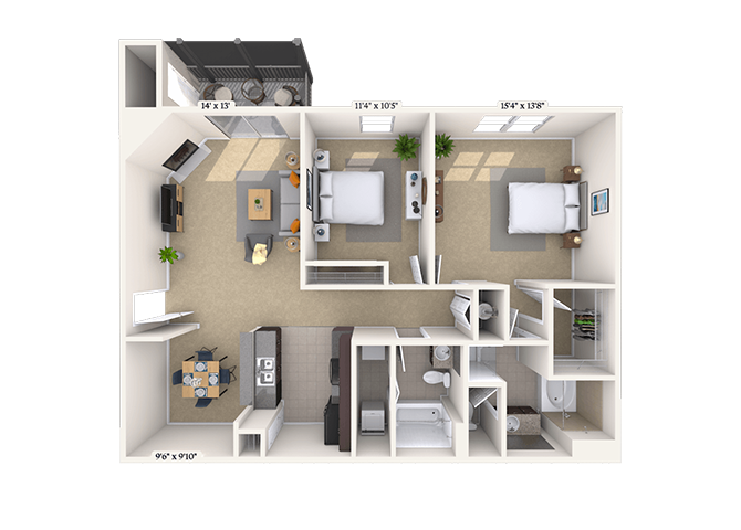 Floor plan for 2 beds, 2 baths, 1195 sqft