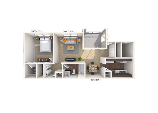 Floor plan for 1 bed, 1 bath, 1044 sqft