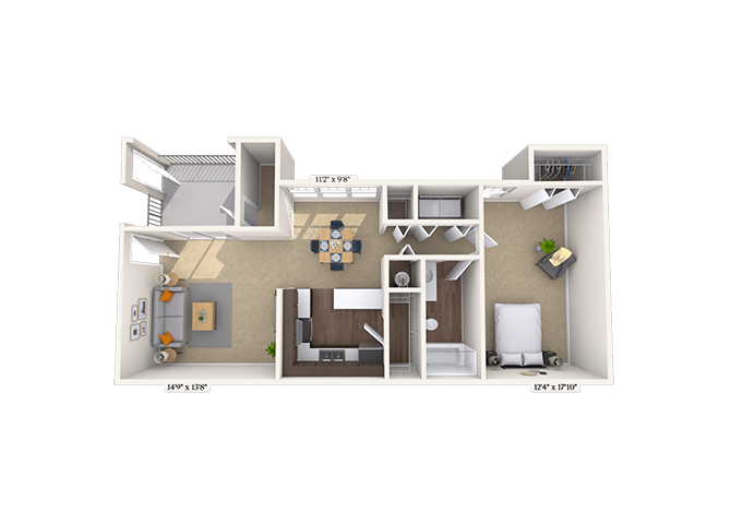 Floor plan for 1 bed, 1 bath, 1056 sqft
