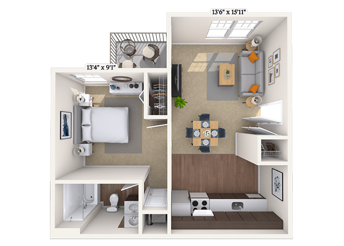 Floor plan for studio, 1 bath, 490 sqft