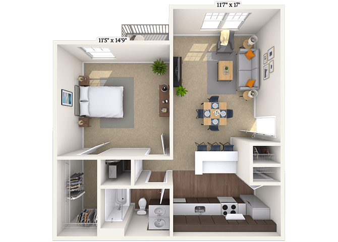 Floor plan for 1 bed, 1 bath, 680 sqft