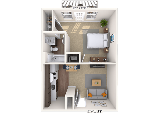 Floor plan for studio, 1 bath, 455 sqft